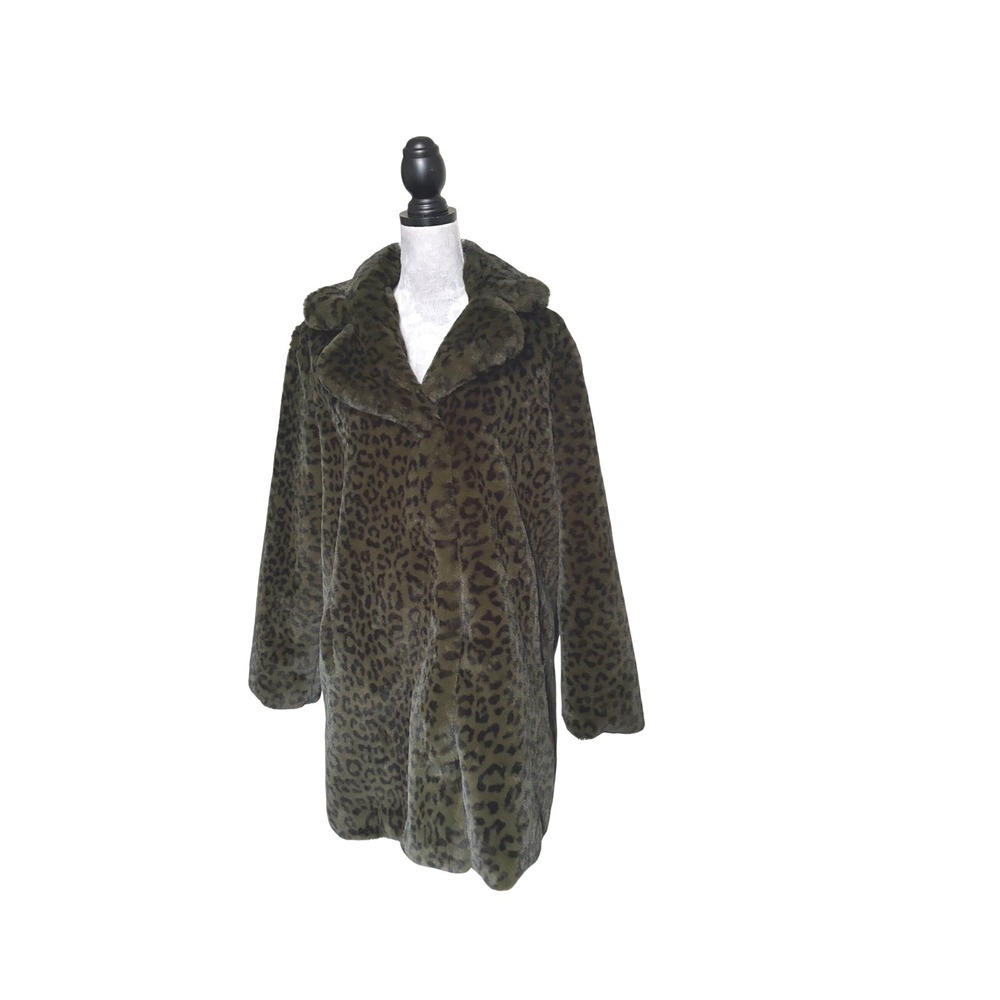 Rachel Zoe Green& Black Leopard Soft Faux Fur Coat Animal Print Jacket Size M